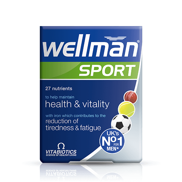 Packaging of Vitabiotics Wellman Sport, a nutritional supplement for active men, in a blue and white box with images