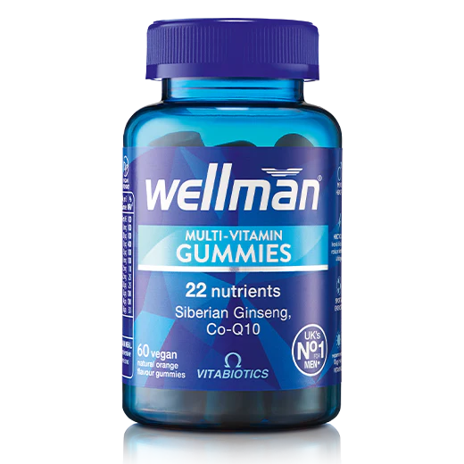 A bottle of Vitabiotics Wellman Multi-Vitamin Gummies, with a blue label, indicating 22 nutrients including vitamins and minerals, suitable for men's health.