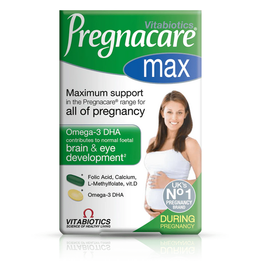 Packaging of Vitabiotics Pregnacare Max, a nutritional supplement for pregnancy, showing the product name, logo, and an image of a smiling pregnant woman.
