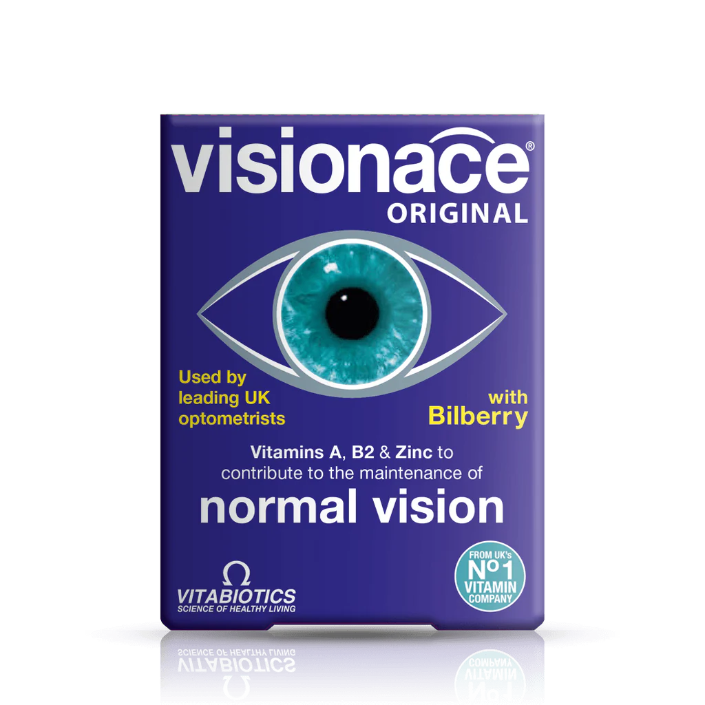 Packaging of Vitabiotics Visionace Original with an illustration of an eye and text highlighting benefits for normal vision, including mentions of Vitamins A, B2 & Zinc, and Bilberry.