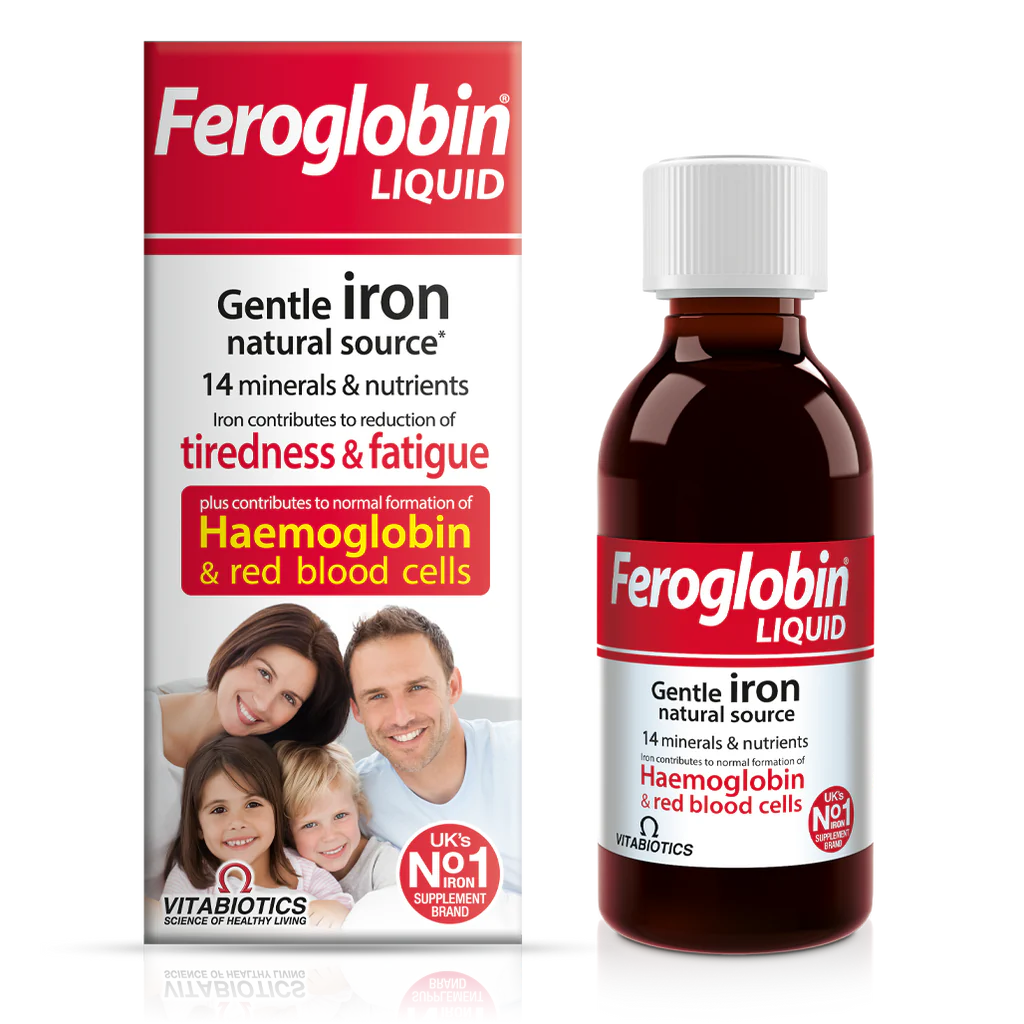 Packaging of Vitabiotics Feroglobin Liquid, a supplement for energy and vitality, featuring a family on the box and a bottle of the liquid product.
