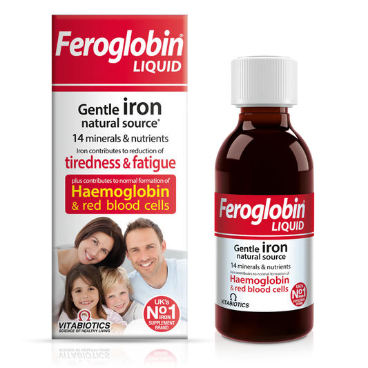 Packaging of Vitabiotics Feroglobin Liquid, a supplement for energy and vitality, featuring a family on the box and a bottle of the liquid product.