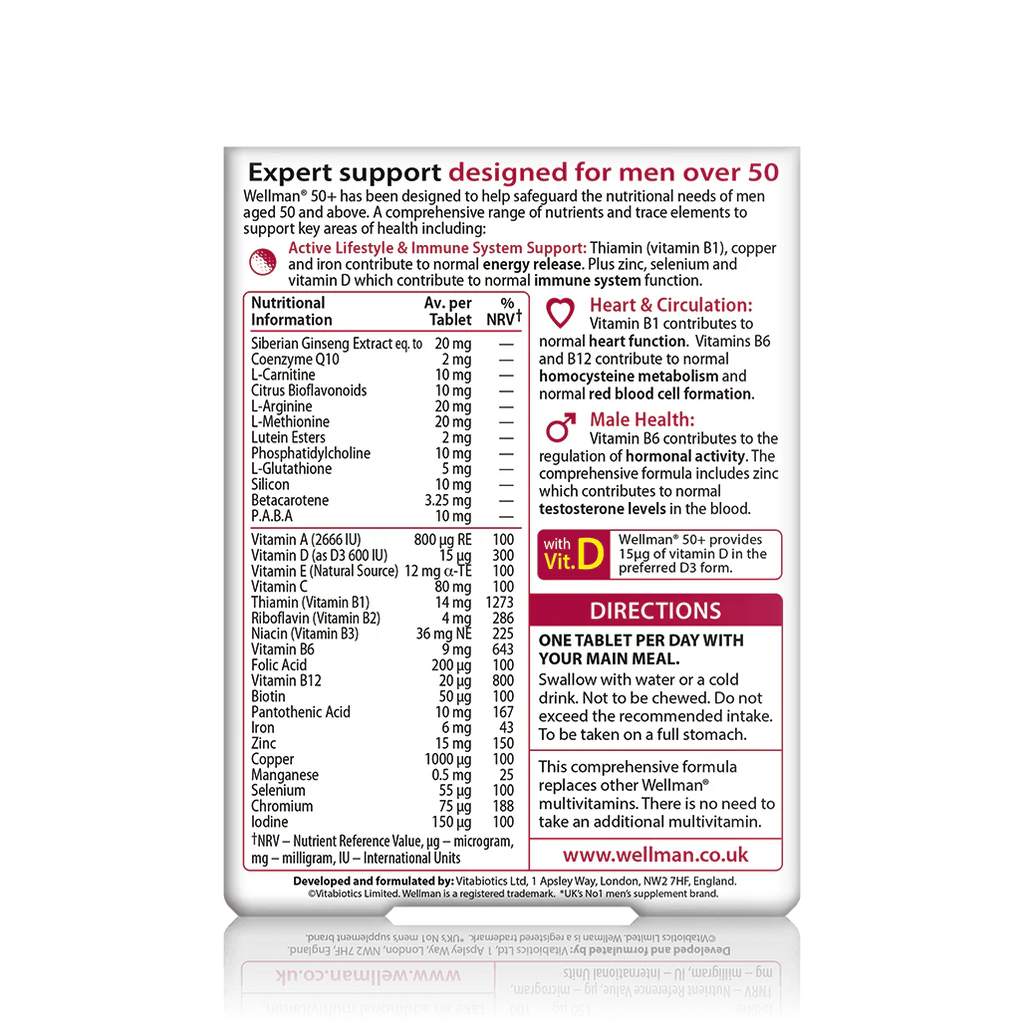 Wellman 50+ - Expert Support Designed for Men Over 50 - Guidelines Side of the Box 