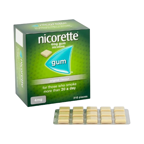 Nicorette gum box for 210 pieces with a strip of gum on a white background