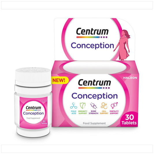Packaging of Centrum Conception Fertility Support, featuring a pink and white box/