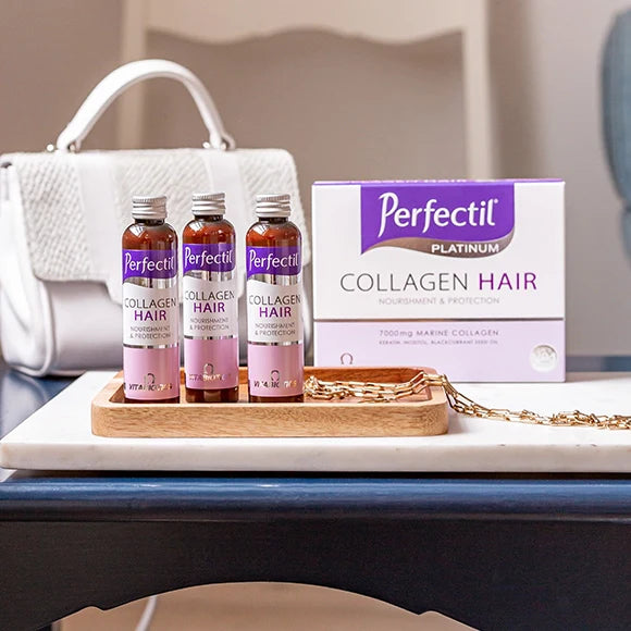 Perfectil Platinum Collagen Hair Formula - 3 Liquid Bottles Placed in a  tray