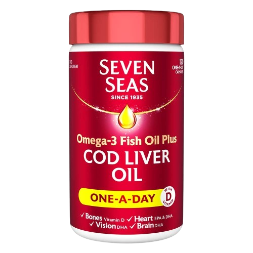 Seven Seas Omega-3 Fish Oil Plus Cod Liver Oil supplement bottle