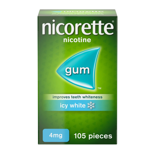 Box of nicorette nicotine gum with green and blue design on a white background
