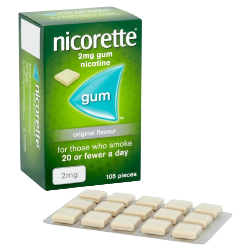 Nicorette nicotine gum packaging with gum pieces on a white background