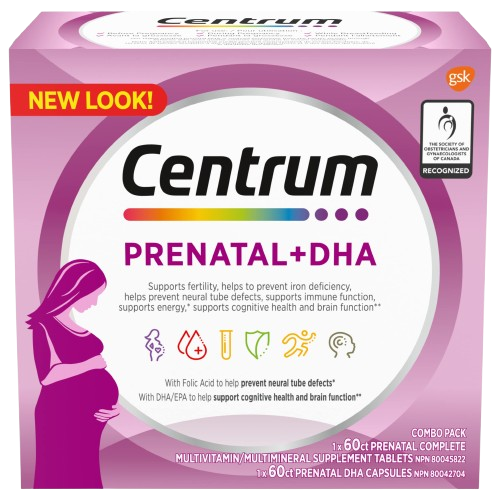 Centrum Prenatal + DHA supplement packaging with a purple and white design.