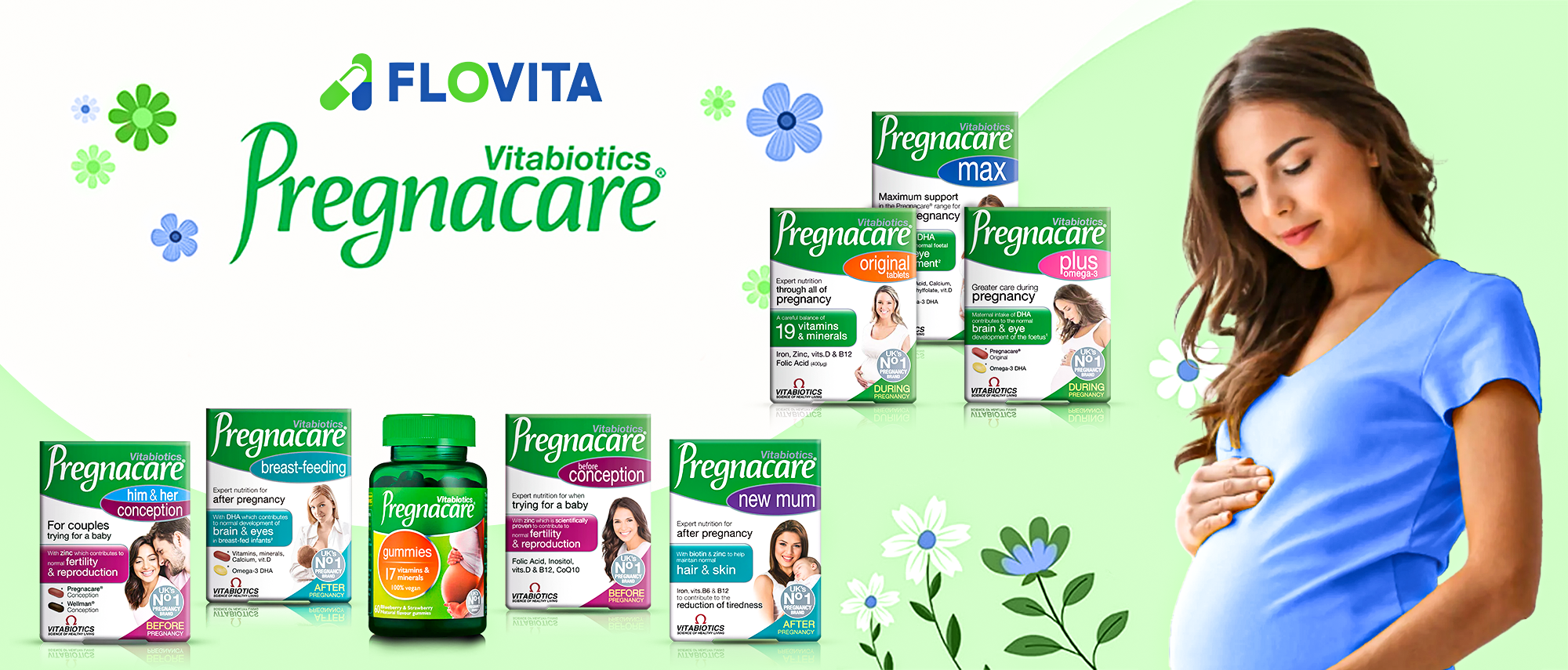Pregnacare Products Arranged on the Banner with a Pregnant Lady 