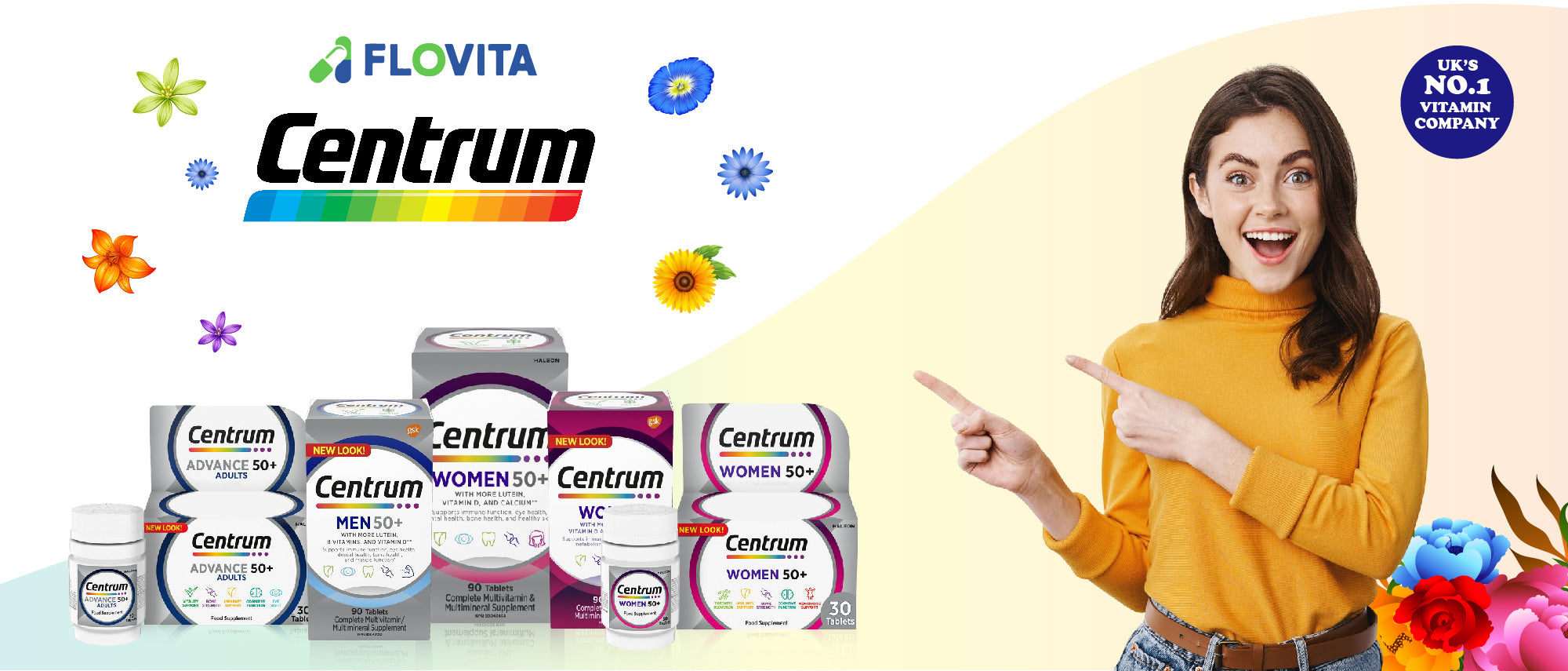 Promotional image of Centrum supplement packages with a woman pointing at them, featuring the FLOVITA brand.