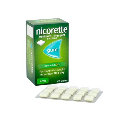 Nicorette freshmint nicotine gum packaging with individual pieces on a white background