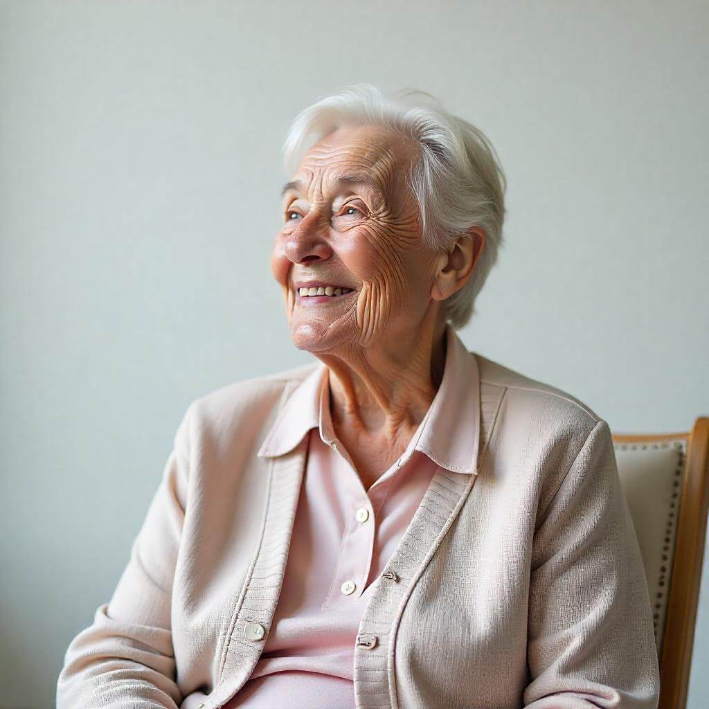 Smiling elderly happy woman wearing a light pink cardigan and shirt against a plain background