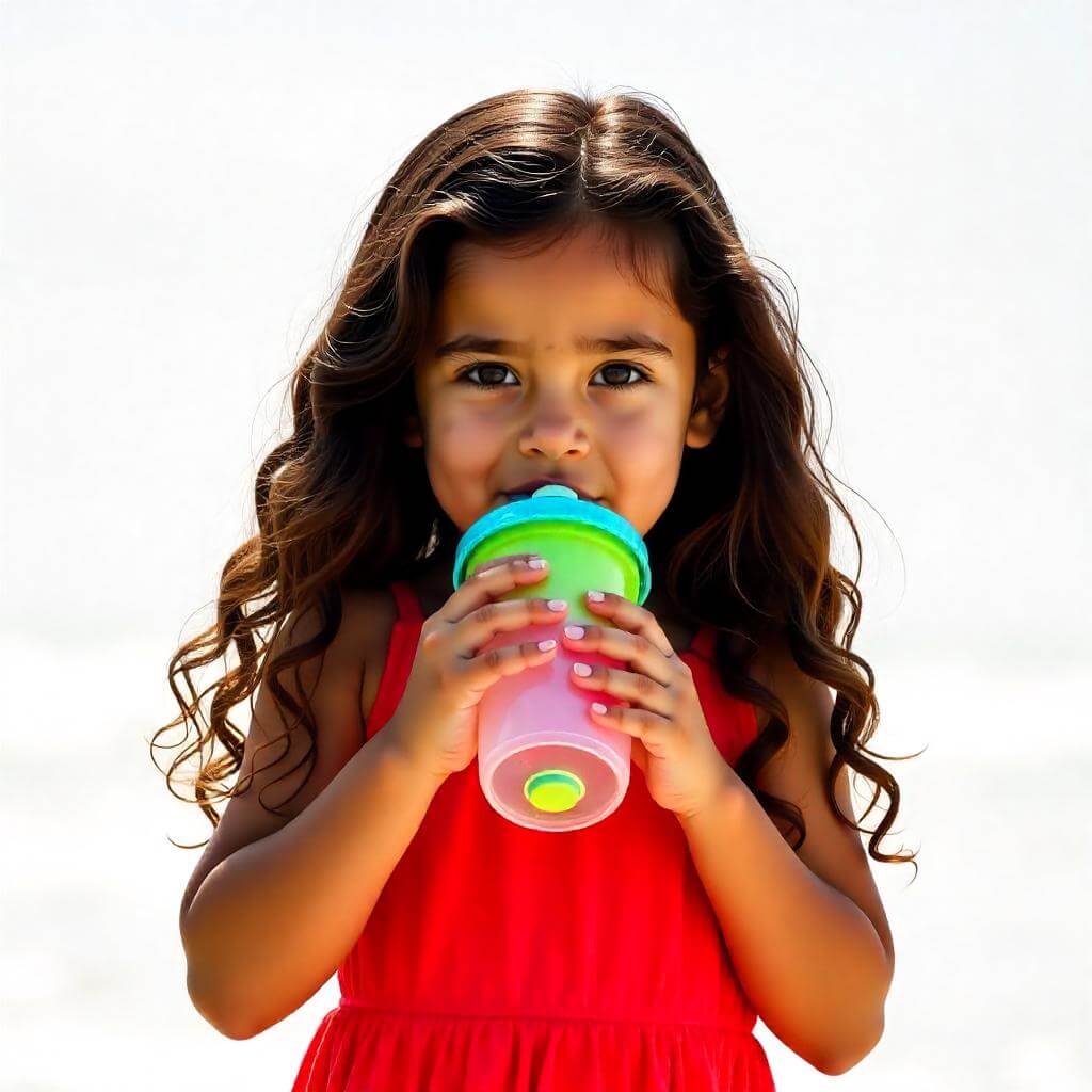 Young healthy girl drinking from a colorful sippy cup against a white background