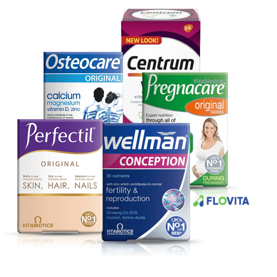 Collection of health and wellness product boxes including Osteocare, Centrum, Pregnacare, Perfectil, and Wellman on a white background.