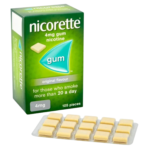 Nicorette nicotine gum packaging (4 mg)with a tray of gum pieces