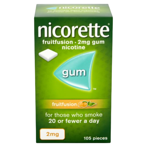 Nicorette fruitfusion nicotine gum packaging on a white background