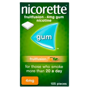 Green Box for Nicorette Fruitfusion nicotine gum on a white background
