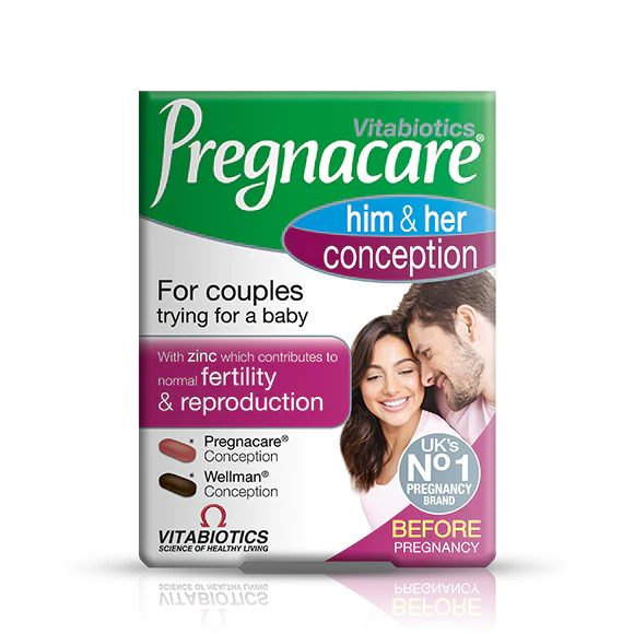 Packaging of Vitabiotics Pregnacare Him & Her Conception vitamins, with images of a smiling couple and tablets in the background.