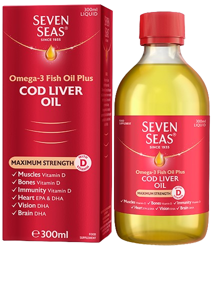 Seven Seas Omega-3 Fish Oil Plus Cod Liver Oil bottle and packaging on a white background