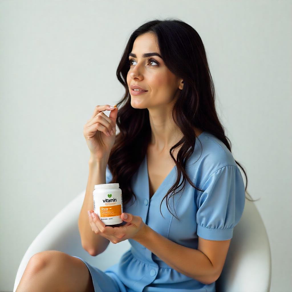 Woman holding a supplement container with a plain background