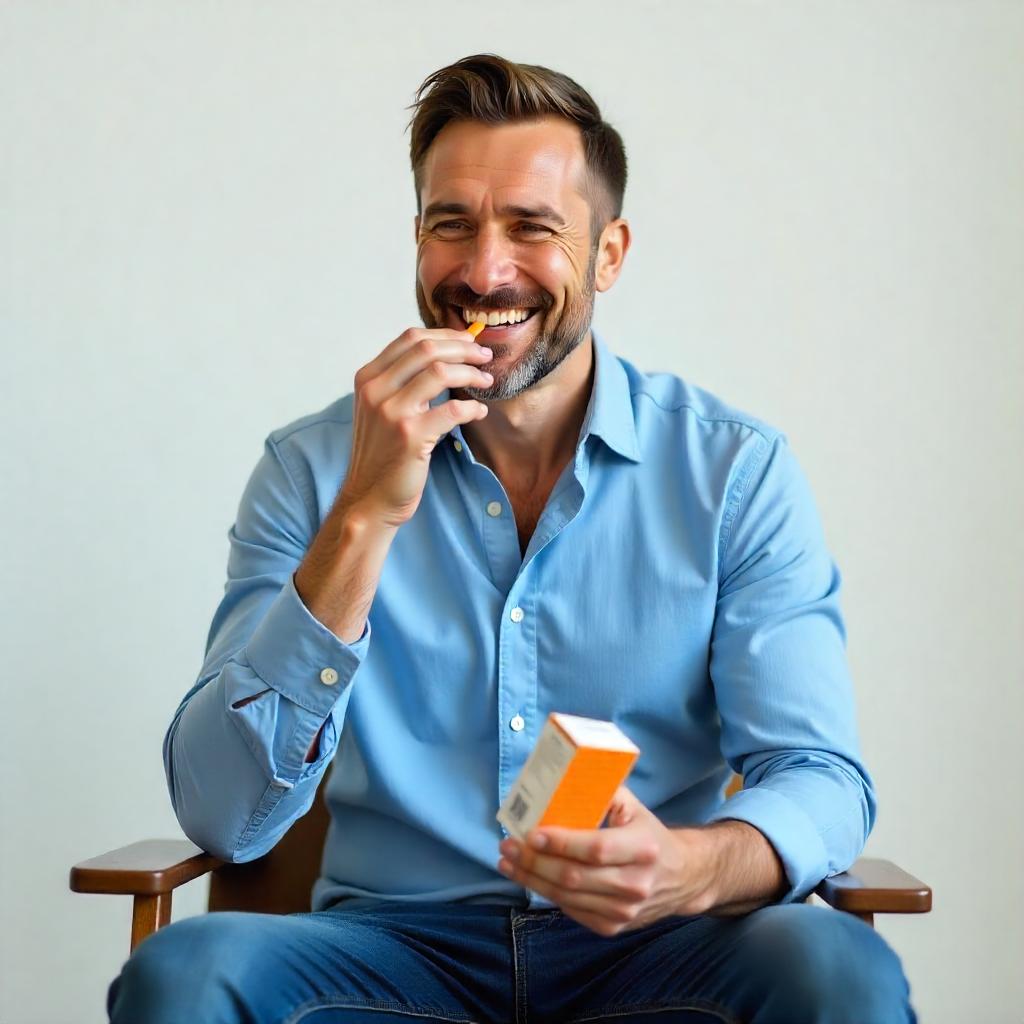 Man in a blue shirt sitting on a chair, holding an orange tablets box.