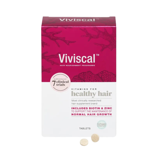 Viviscal hair supplement box with pink and white design on a white background