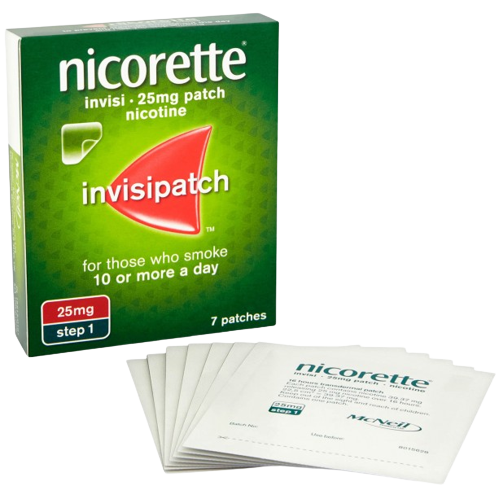 Nicorette invisipatch packaging with nicotine patches on a white background