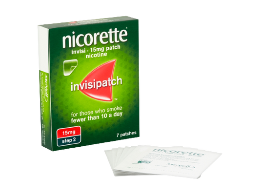 Nicorette packaging with nicotine patches on a white background