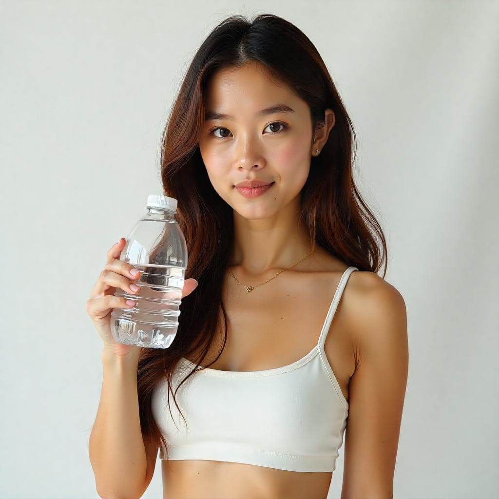 Woman with smooth skin holding a water bottle against a plain background