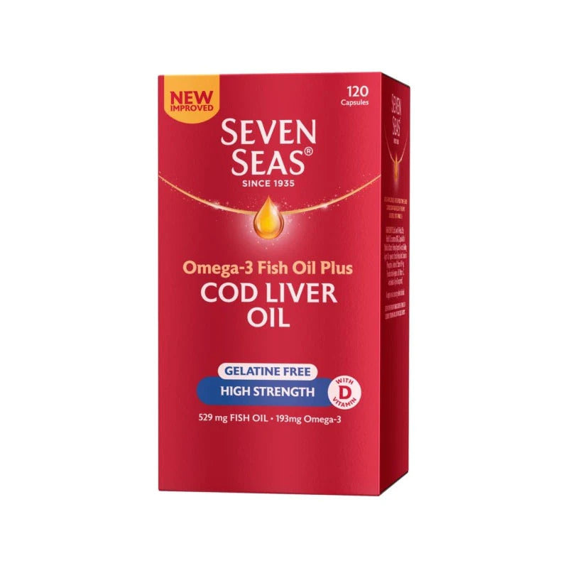 Red box of Seven Seas Omega-3 Fish Oil Plus Cod Liver Oil on a white background
